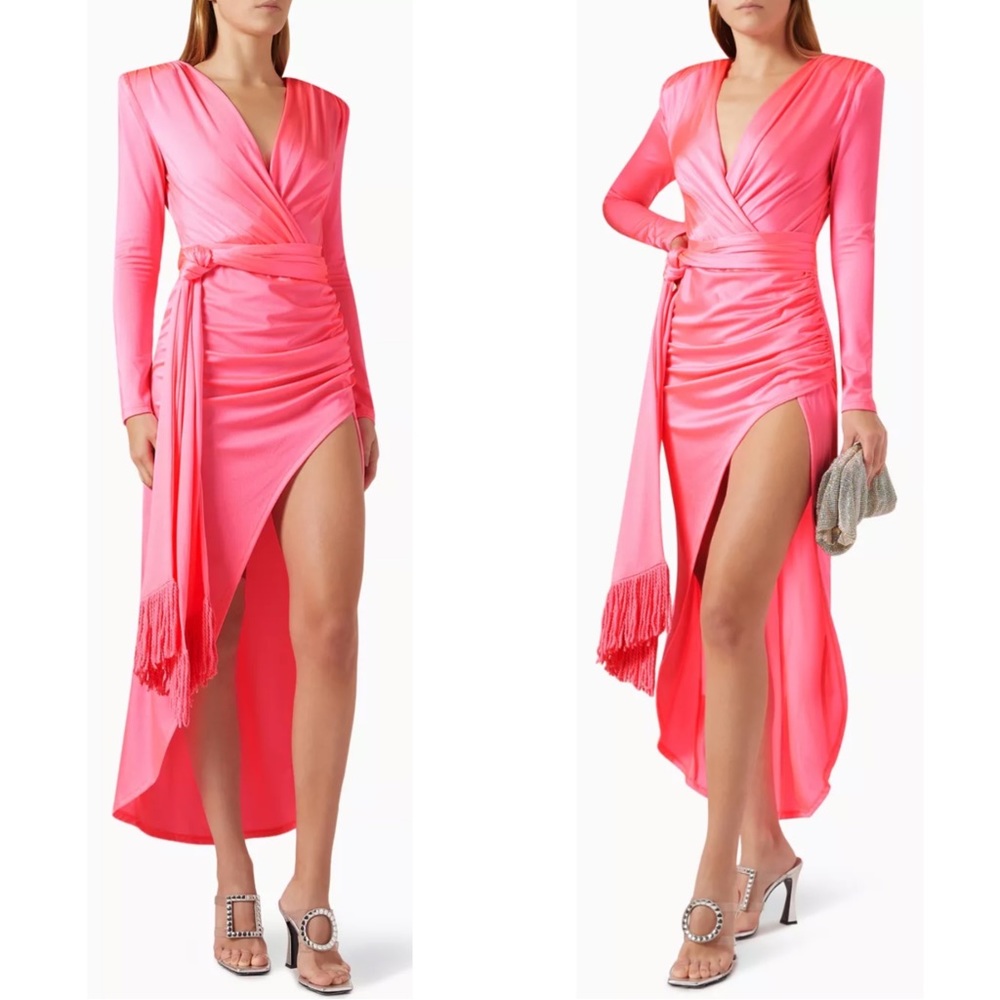 Bronx and Banco Electric Barbie Pink Fringe Belted Maxi Dress Size Medium